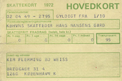 Kim Weiss' Danish tax card 1972: Denmark's highest tax rate - ever: 95%!